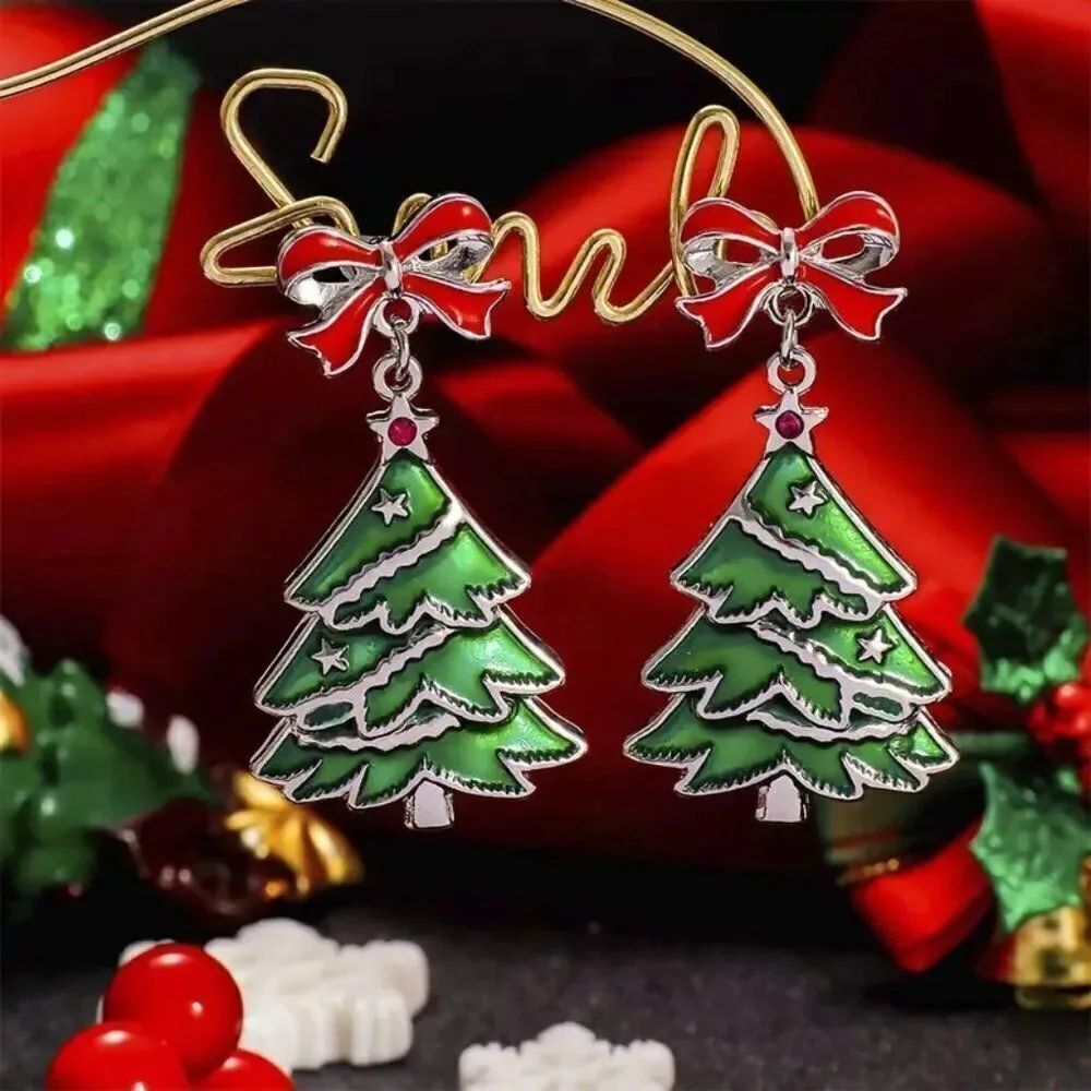 Silver and Green 1 Pair Christmas Holiday Casual Tree Bow Earrings